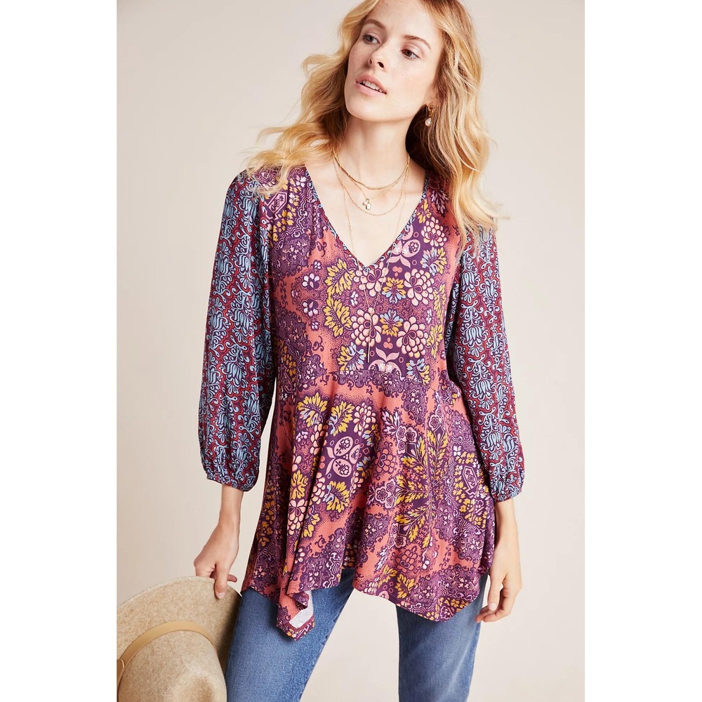 Maeve Anthropologie Mixed Floral Handkerchief Hem Tunic Top Purple Rust XS